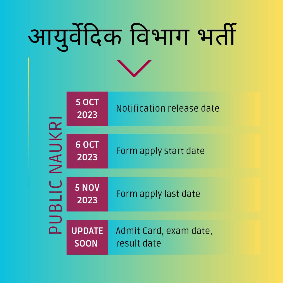 yurved Dept. Rajasthan Compounder / Nurse Jr Grade Bharti Important Dates इस भर्ती का Notification 5 Oct 2023 जारी कर दिया गया हैं |  Form Apply करने की Starting Date 6 Oct 2023 , Form Apply की  Last Date 5 Nov. 2023 हैं |  